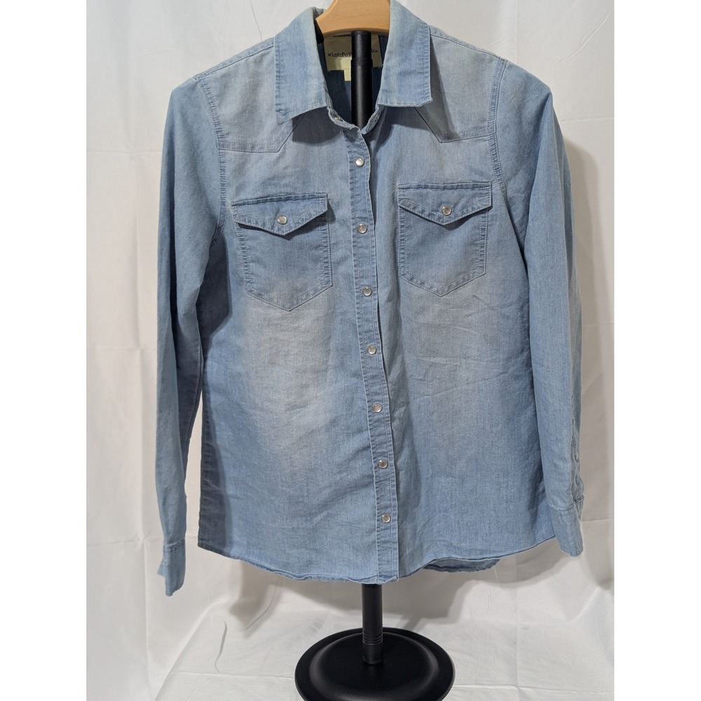 Wishful Park Womens Light Wash Denim Western Snap Button Down Shirt Blue Medium
